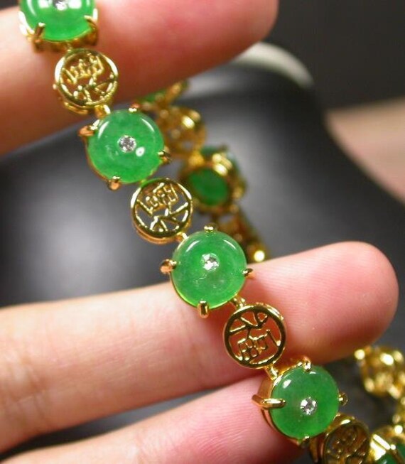 Genuine Yellow Gold Plate White Zircon Green JADE *lucky Fu