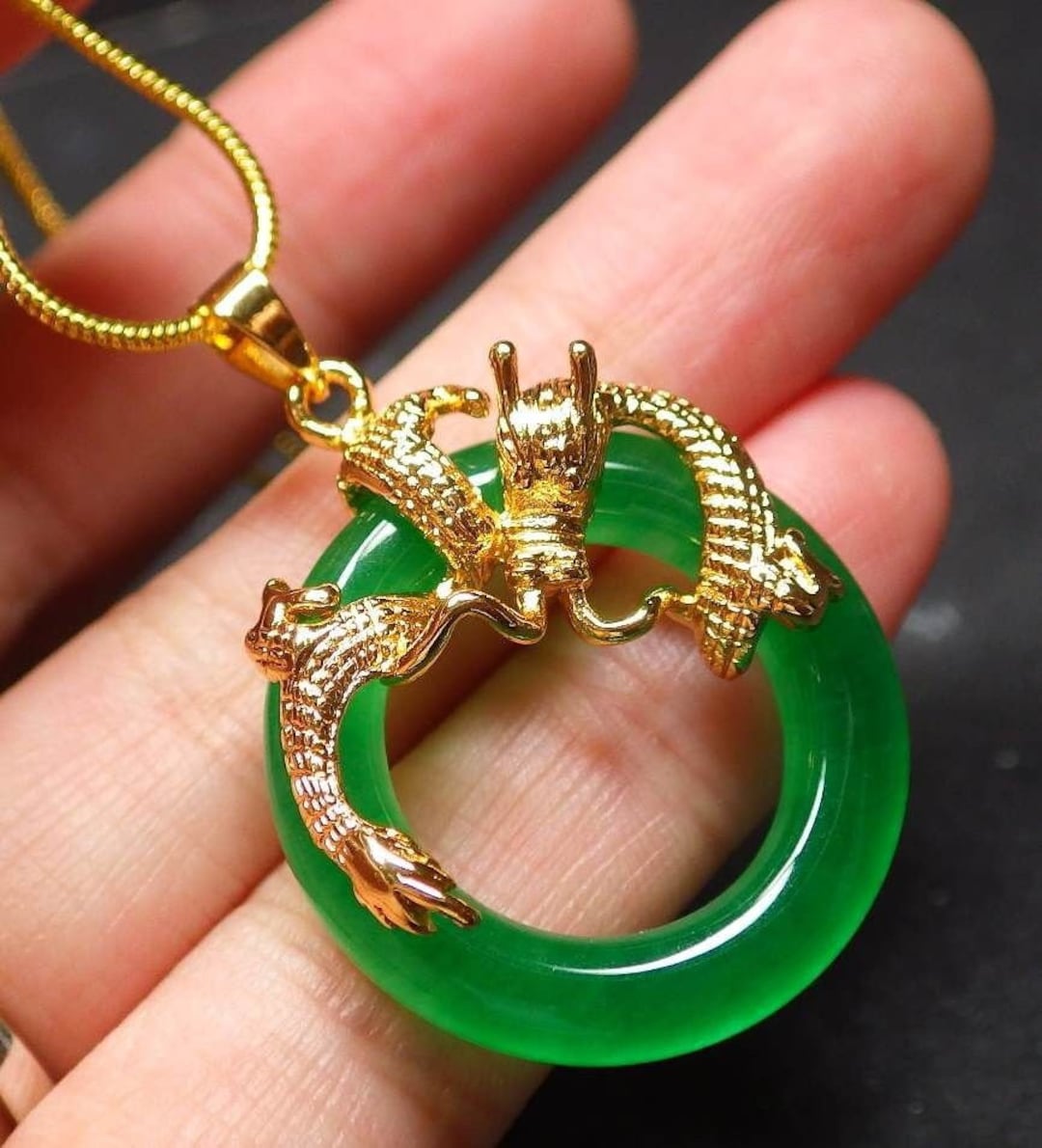 Jade Necklace Dragon Pendant Necklace Gold Genuine Yellow Gold
