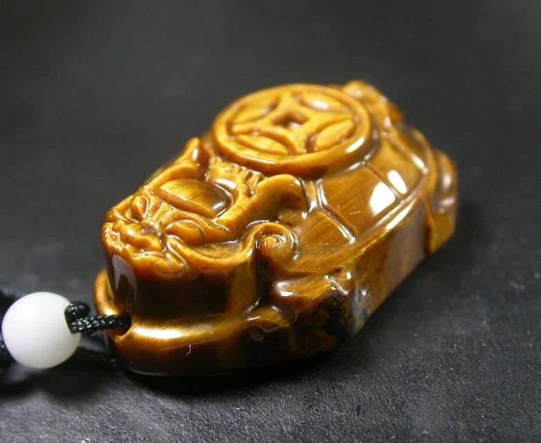 Tiger Cat Eye Jade Feng Shiu Dragon Turtle Lucky Amulet Pendant Necklace