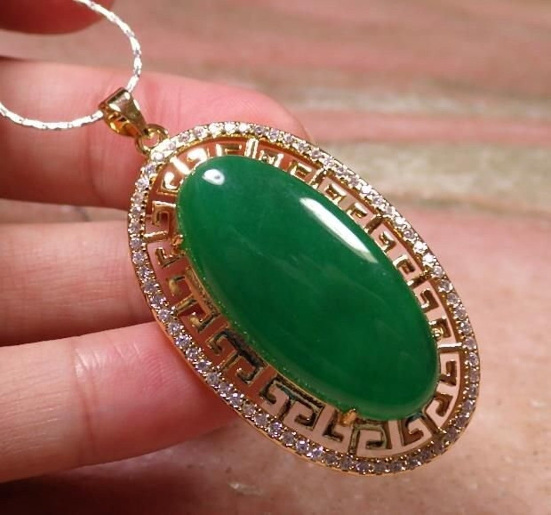 Genuine Yellow Gold Plate White Zircon Green JADE Cabochon