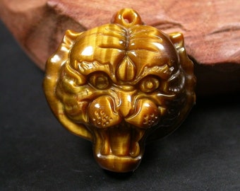 Genuine Tiger Cat Eye Jade Stone Tiger Head Lucky Amulet Pendant Necklace