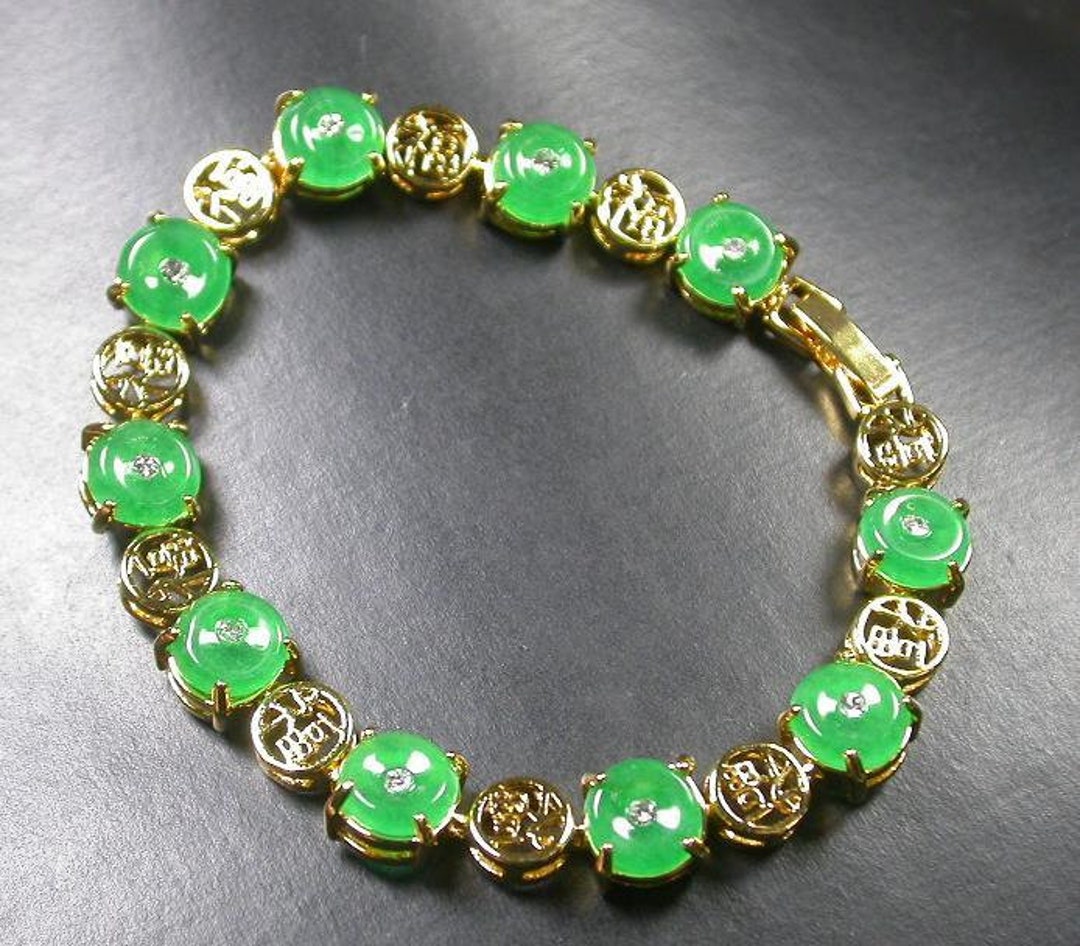 Genuine Yellow Gold Plate White Zircon Green JADE *lucky Fu
