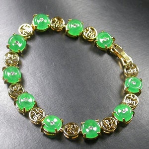Genuine Yellow Gold Plate White Zircon Green JADE *Lucky Fu* Circle Donut Bangle Bracelet