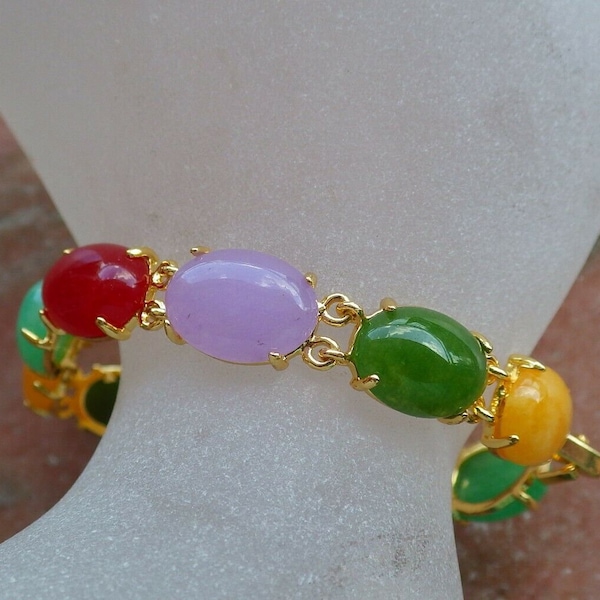 Genuine Yellow Gold Plate Green Yellow Red Lavender JADE Cabochon Bead Beads Bangle Bracelet