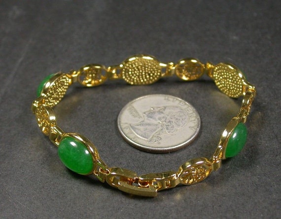 Genuine Yellow Gold Plate Green JADE Lucky Word Cabochon Bead