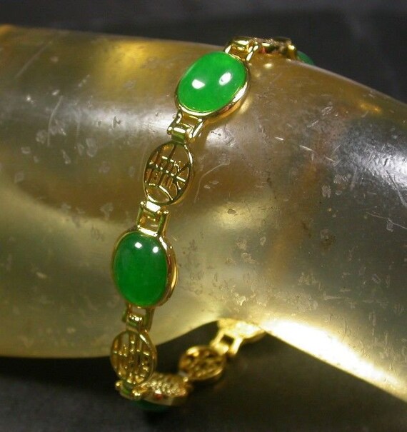 Genuine Yellow Gold Plate Green JADE Lucky Word Cabochon Bead