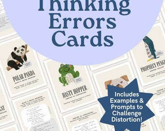 思考フィルター動物カード - 認知の歪み、例、挑戦を促すプロンプトが記載された 17 枚の両面カード!