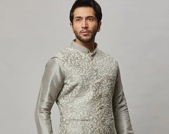 Conjunto de pijama kurta para hombre hecho a mano con chaqueta Nehru bordada