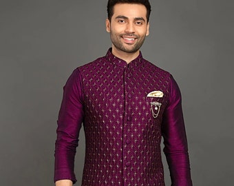 Royal Kurta Set Uomo In Misto Seta Con Giacca Nehru E Churidar – Abito Tradizionale Indiano Eleganza Festiva
