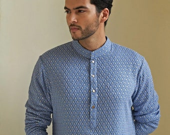 Completo Kurta Pajama da uomo azzurro cielo con ricami Chikankari / Kurta da sposo indiano per uomo / Abbigliamento etnico tradizionale / Abito festivo per Diwali e Eid