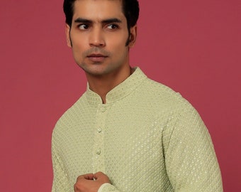 Men's Handmade georgette Embroidered Kurta Pajama Set, Indian Wedding Kurta for Men, Designer Ethnic Wear , Traditional South Asian Clothing