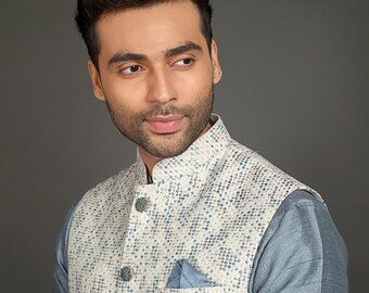 Mens Handmade Kurta Pajama Set with Embroidered Nehru Jacket