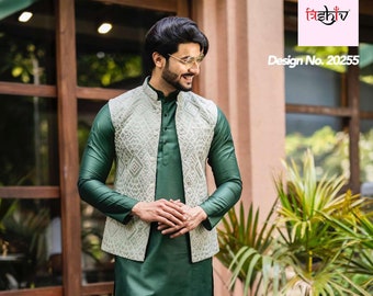 Conjunto de pijama kurta con chaleco bordado a mano para hombre: ropa de boda