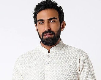 Handmade Mens Chikankari Kurta Pajama Set: Indian Wedding Wear