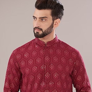 Mens Chikankari Kurta Pyjama Set: Dola Silk Indian Wedding Outfit