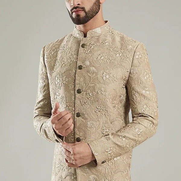 Brown color Silk embroidery mens wedding Indo Western Jacket, function wear, festival wear indo, indian wedding wear sherwani