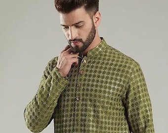 Mens Chikankari Kurta Pyjama Set: Indian Wedding Outfit