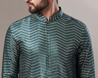 Conjunto de Kurta e Pijama Masculino com Lantejoulas, Kurta Indiana para Casamento, Kurta Étnica Bordada, Roupa para Festas, Noivado e Recepção