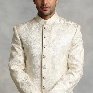 Off White color viscos embroidery mens wedding wear sherwani, function wear, festival wear indo, indian wedding wear sherwani