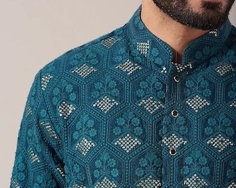 Mens Heavy Chikankari Kurta Pyjama Set - Indian Wedding Wear