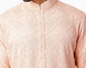 Persikofärgad broderad kurta-pyjamas för män | Indisk bröllopsoutfit | Brudgumsmottagning | Bröllopskurta | Etniska kläder för män