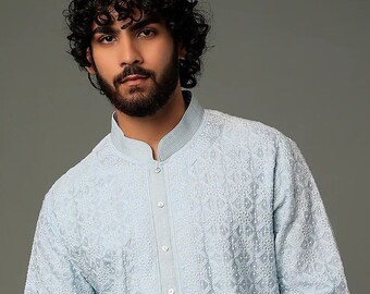 Mens Geometric Embroidered Kurta Pyjama Set, indian kurta pajama set for men indian wedding wear outfits