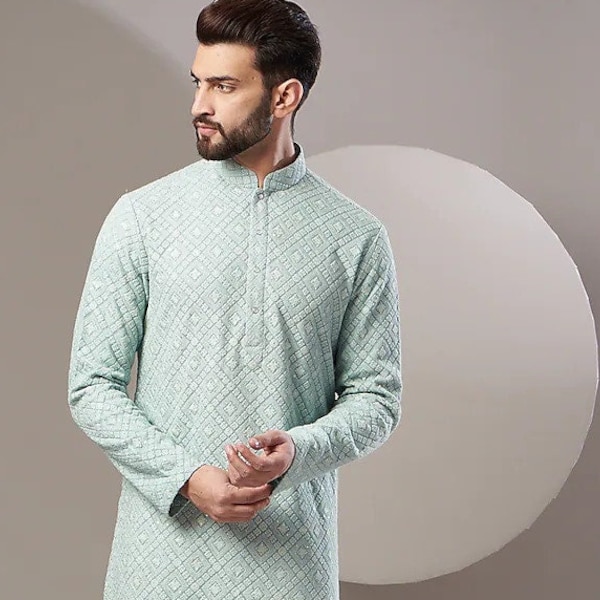 Buy Men’s Embroidered Chikankari Kurta Set – Peach Kurta with Pyjamas | Indiaista