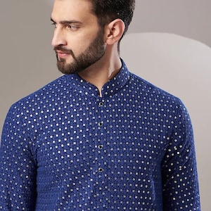 Handmade georgette embroidery Costom Fit Mens kurta Churidar set for indian wedding wear