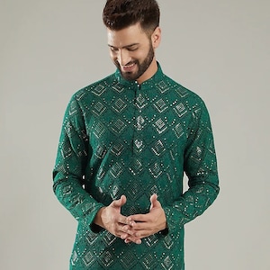 Ensemble de pyjama Chikankari Kurta pour homme : tenue de mariage indienne en georgette