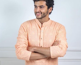 Persikofärgad Chikankari Kurta-pyjamaset för män | Broderad indisk bröllopskurta | Etniska kläder | Festlig Eid Diwali-outfit | DesignerKurta för män