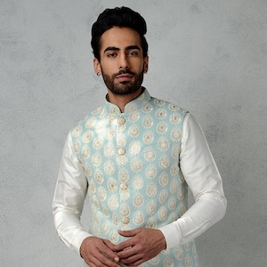 Herren Handgefertigt bestickte Weste Set: Baumwolle Kurta Pyjama