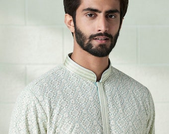 Men's Ivory Embroidered Kurta Pajama Set, Indian Wedding Kurta for Men, Designer Ethnic Wear, Traditional Festive Outfit, Groom Clothing