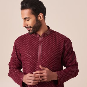 Handmade georgette embroidery Costom Fit Mens kurta Churidar set for indian wedding wear.