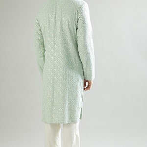 Men's Mint Green Embroidered Kurta Pajama Set, Indian Wedding Kurta for Men, Designer Ethnic Wear,, Traditional Groom Kurta Gift image 3