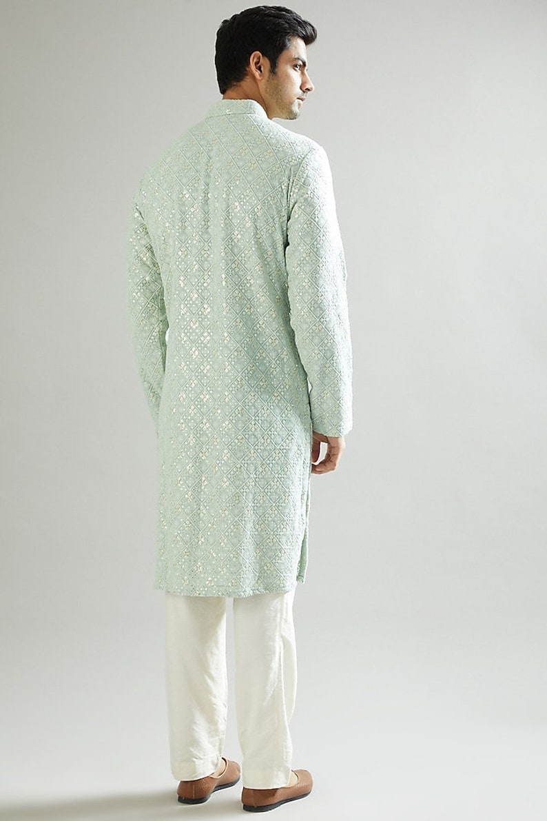 Men's Mint Green Embroidered Kurta Pajama Set, Indian Wedding Kurta for Men, Designer Ethnic Wear,, Traditional Groom Kurta Gift image 3