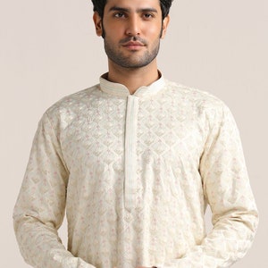 Handmade Off White Tusser Silk Kurta Churidar Set: Indian Wedding Wear