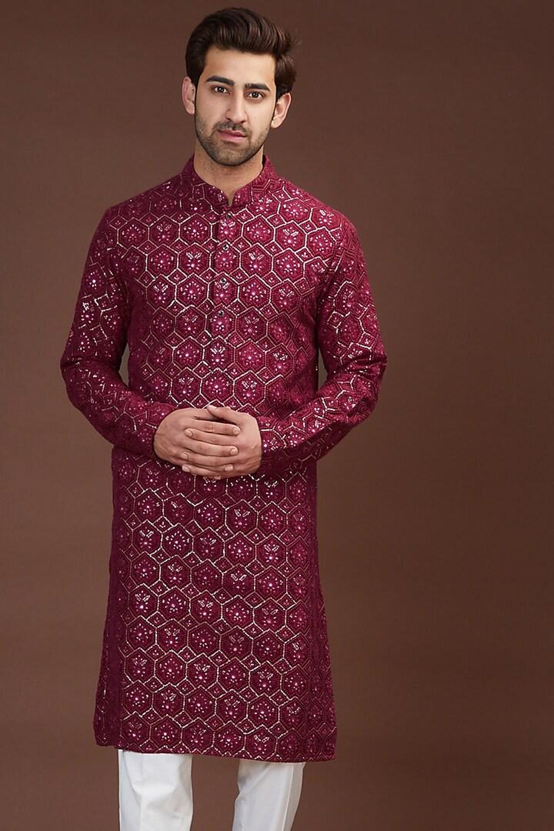 Basic Costom For Men Georgette Embroidery Costom Fit Mens Kurta Churidar Set for Indian ...
