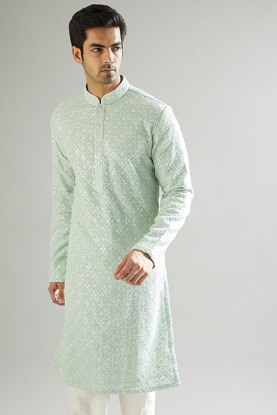 Men's Mint Green Embroidered Kurta Pajama Set, Indian Wedding Kurta for Men, Designer Ethnic Wear,, Traditional Groom Kurta Gift