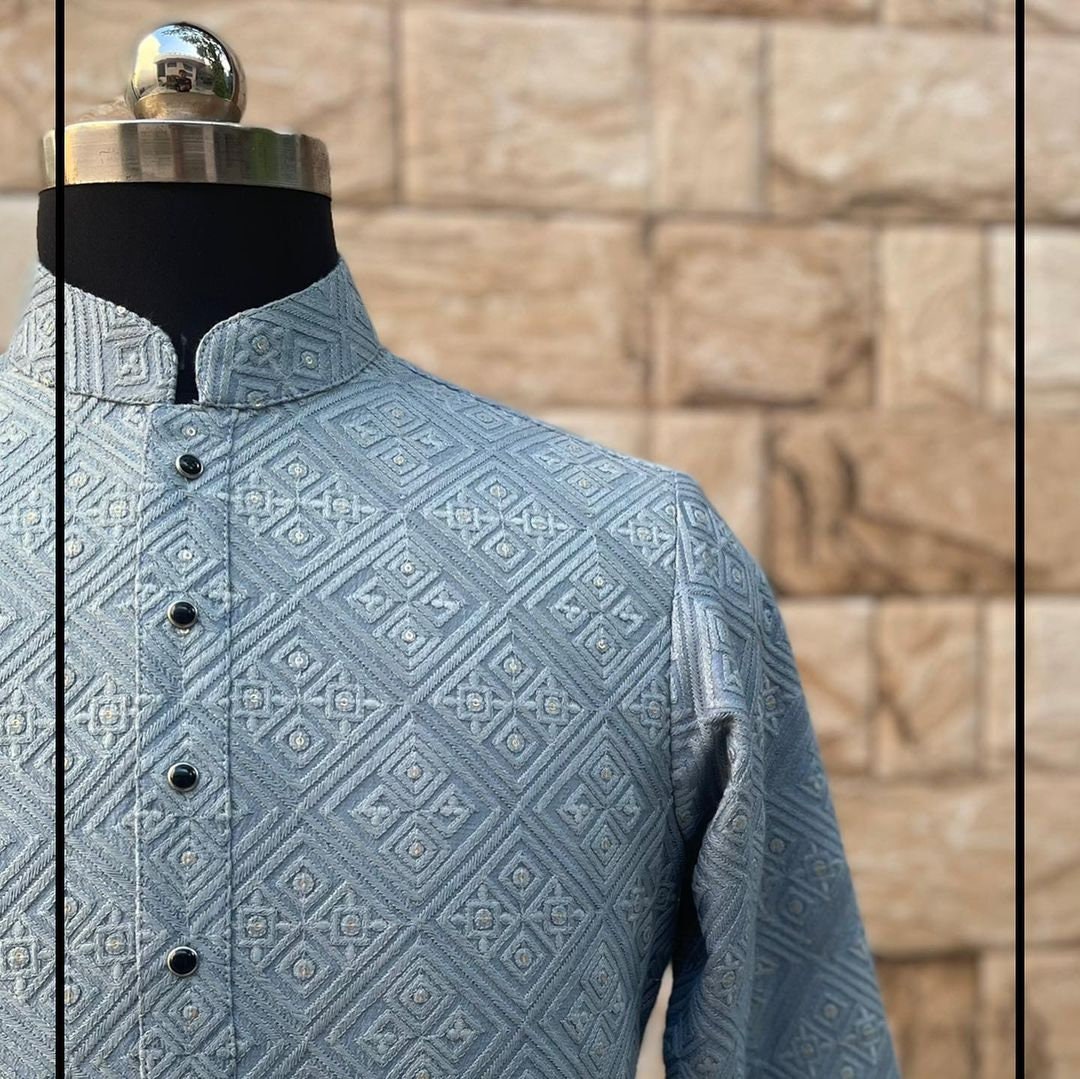 Chikankari Embroidered Kurta Pyjama For Men