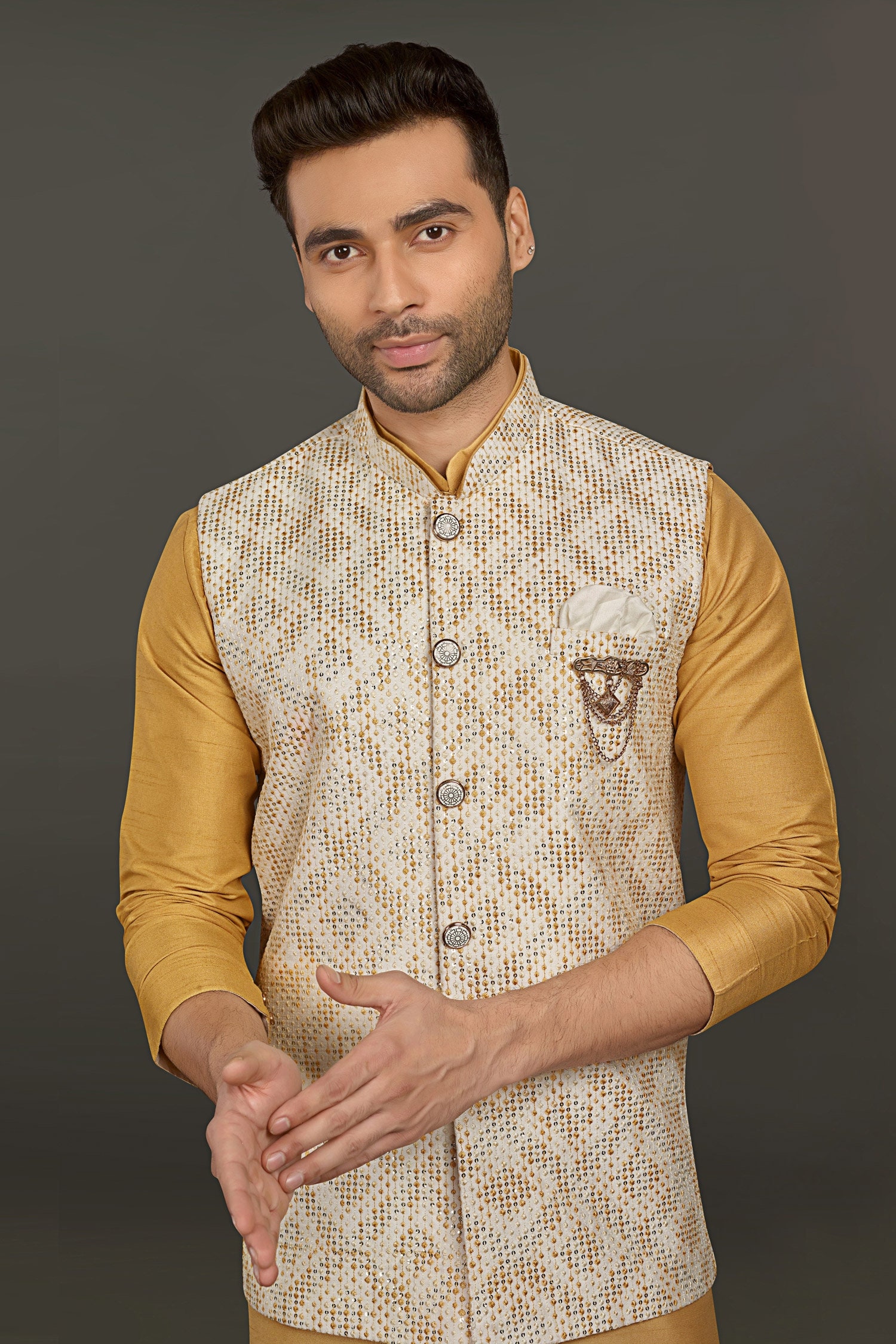 STYLE INSTANT - Set da uomo in misto seta indiana Kurta pigiama e giacca Nehru (cappotto) Diwali abito da sposa tradizionale, bianco, M