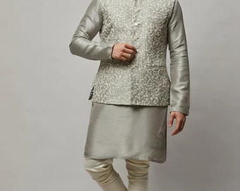 STYLE INSTANT - Set da uomo in misto seta indiana Kurta pigiama e giacca Nehru (cappotto) Diwali abito da sposa tradizionale, bianco, M