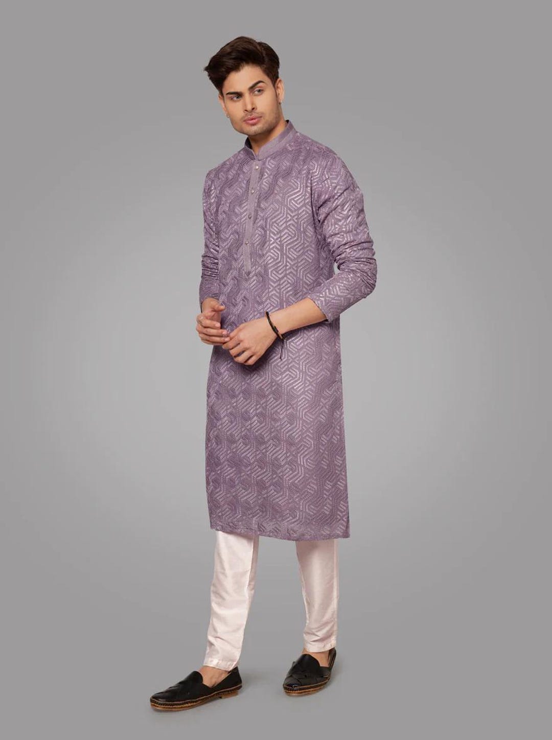 Basic Costom For Men Handmade Georgette Embroidery Costom Fit Mens Kurta Churidar Set for ...