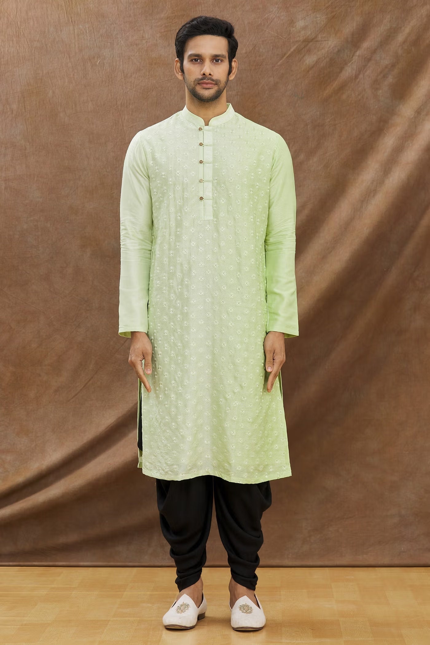 Basic Costom For Men Handmade Green Color Silk Embroidery Costom Fit Mens Embroidery Kurta ...