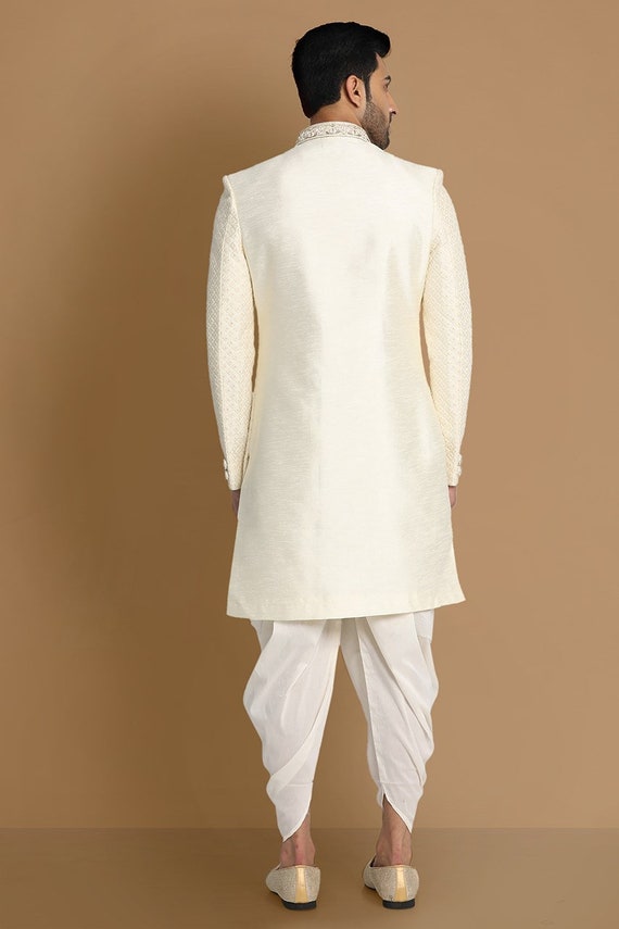 Off White Color Cotton Embroidery Mens Wedding Sherwani With Stall