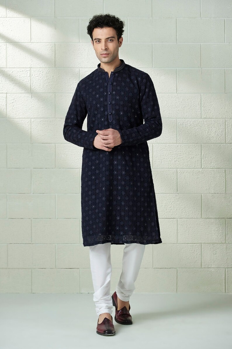 Basic Costom For Men Handmade Georgette Embroidery Costom Fit Mens Kurta Churidar Set for ...
