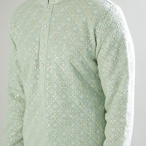 Men's Mint Green Embroidered Kurta Pajama Set, Indian Wedding Kurta for Men, Designer Ethnic Wear,, Traditional Groom Kurta Gift image 4