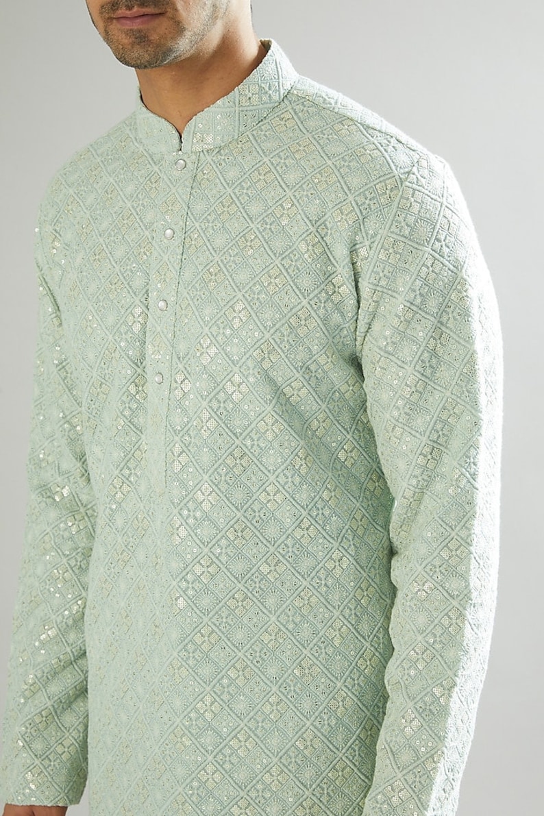 Men's Mint Green Embroidered Kurta Pajama Set, Indian Wedding Kurta for Men, Designer Ethnic Wear,, Traditional Groom Kurta Gift image 4
