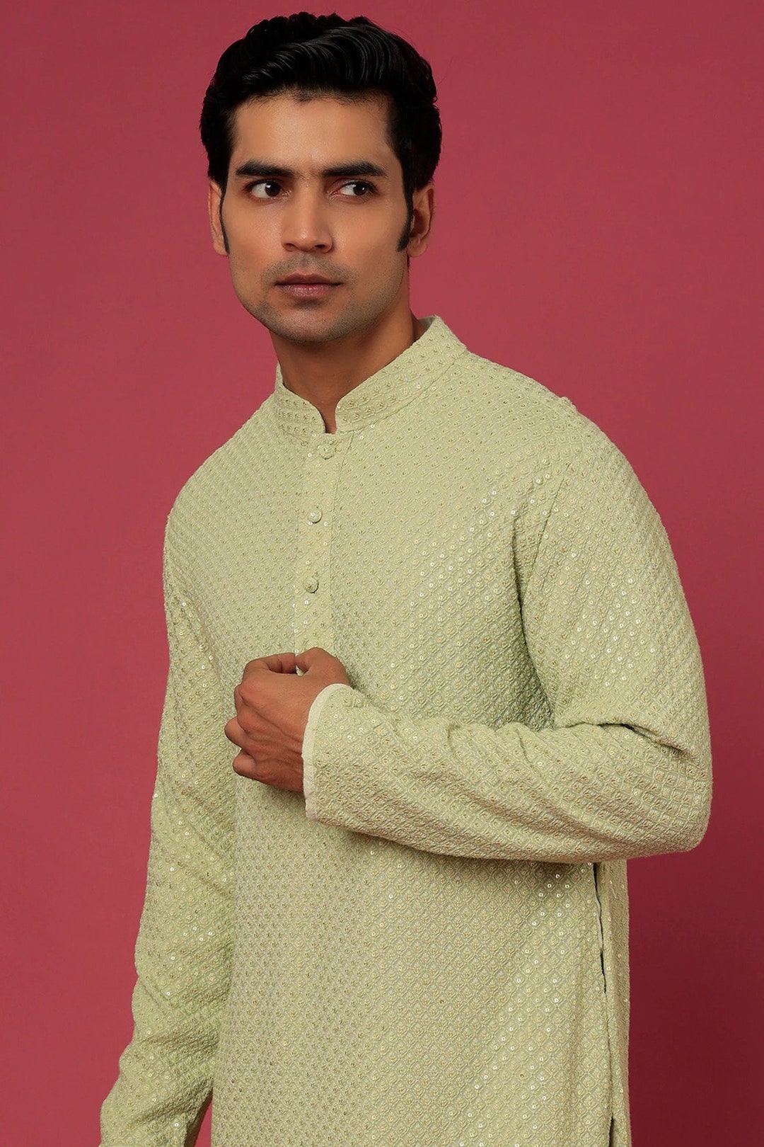 Basic Costom For Men Handmade Georgette Embroidery Costom Fit Mens Kurta Churidar Set for ...