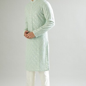 Men's Mint Green Embroidered Kurta Pajama Set, Indian Wedding Kurta for Men, Designer Ethnic Wear,, Traditional Groom Kurta Gift C Green