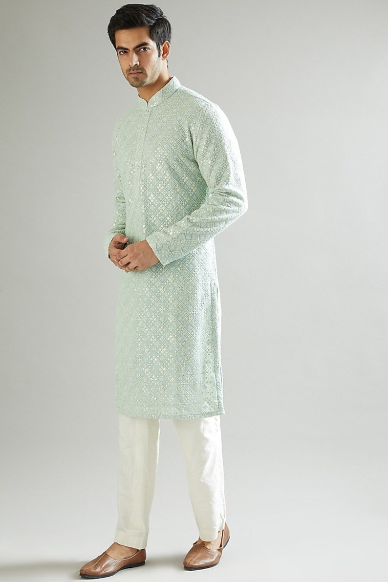 Men's Mint Green Embroidered Kurta Pajama Set, Indian Wedding Kurta for Men, Designer Ethnic Wear,, Traditional Groom Kurta Gift C Green